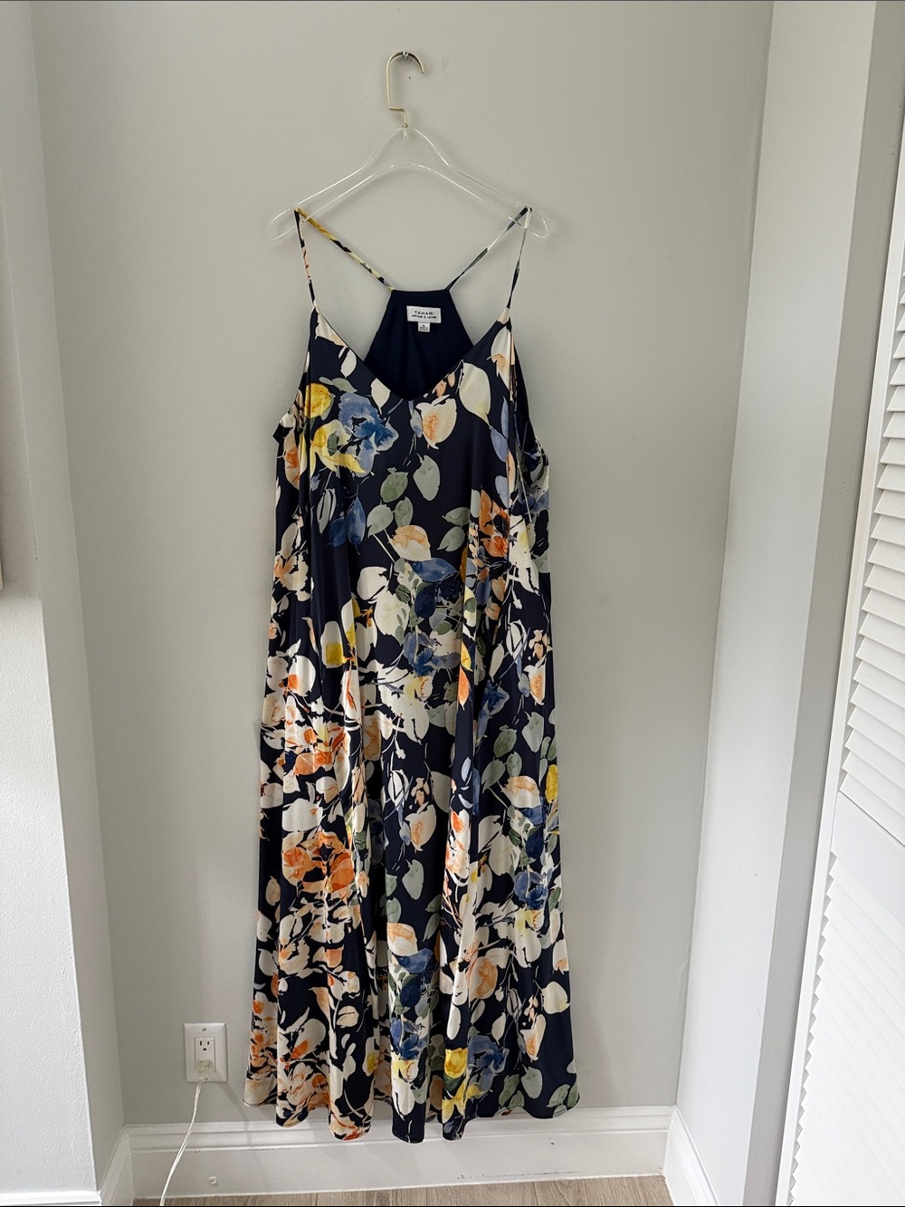 Tahari Navy Floral Spaghetti-Strap Maxi Dress